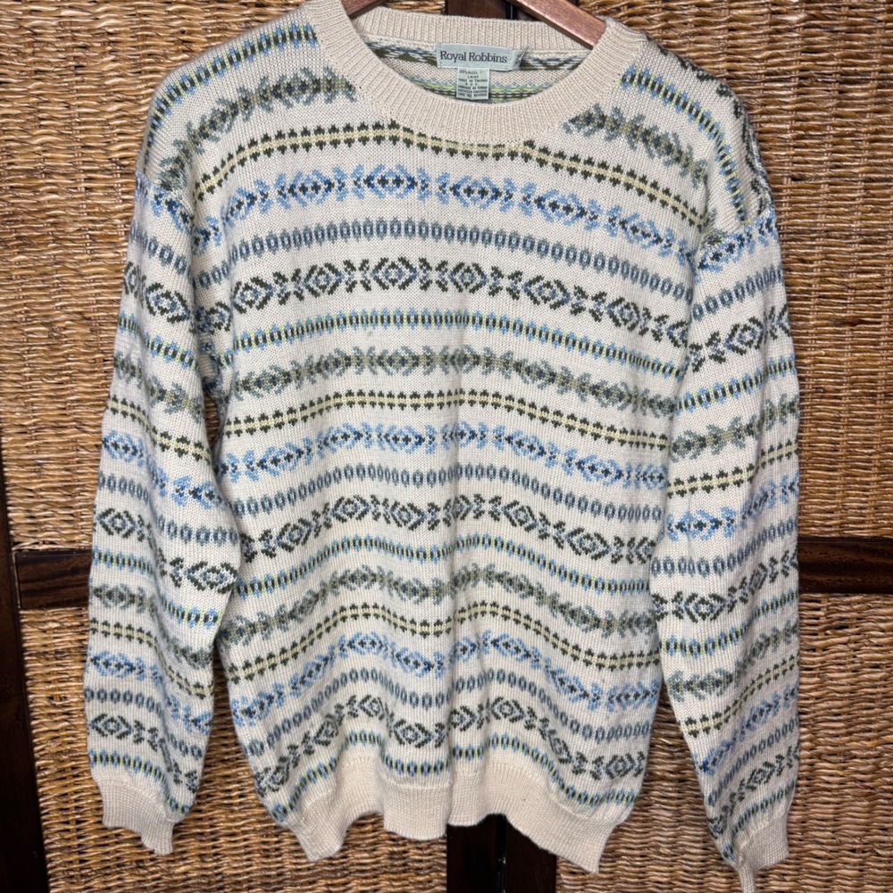 Royal Robbins Mens Medium 100% Wool Fair Isle Geometric Crew Neck Sweater Cream